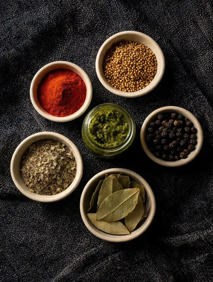 Miseczki z przyprawami, ziołami i pesto