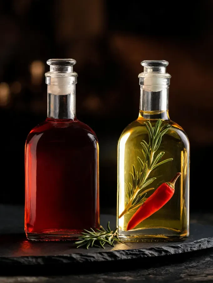 Butelki octu winnego i oleju aromatyzowanego