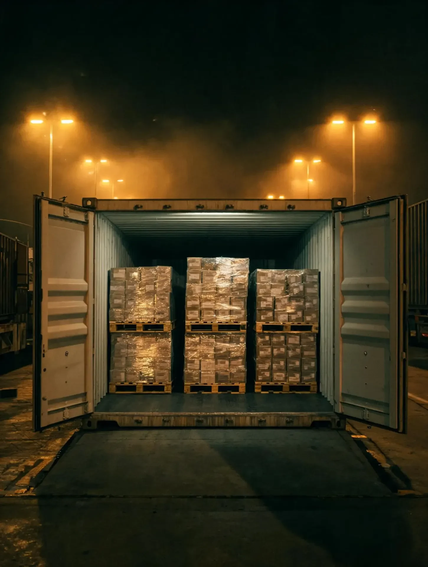 Palety ładowane do kontenera nocą