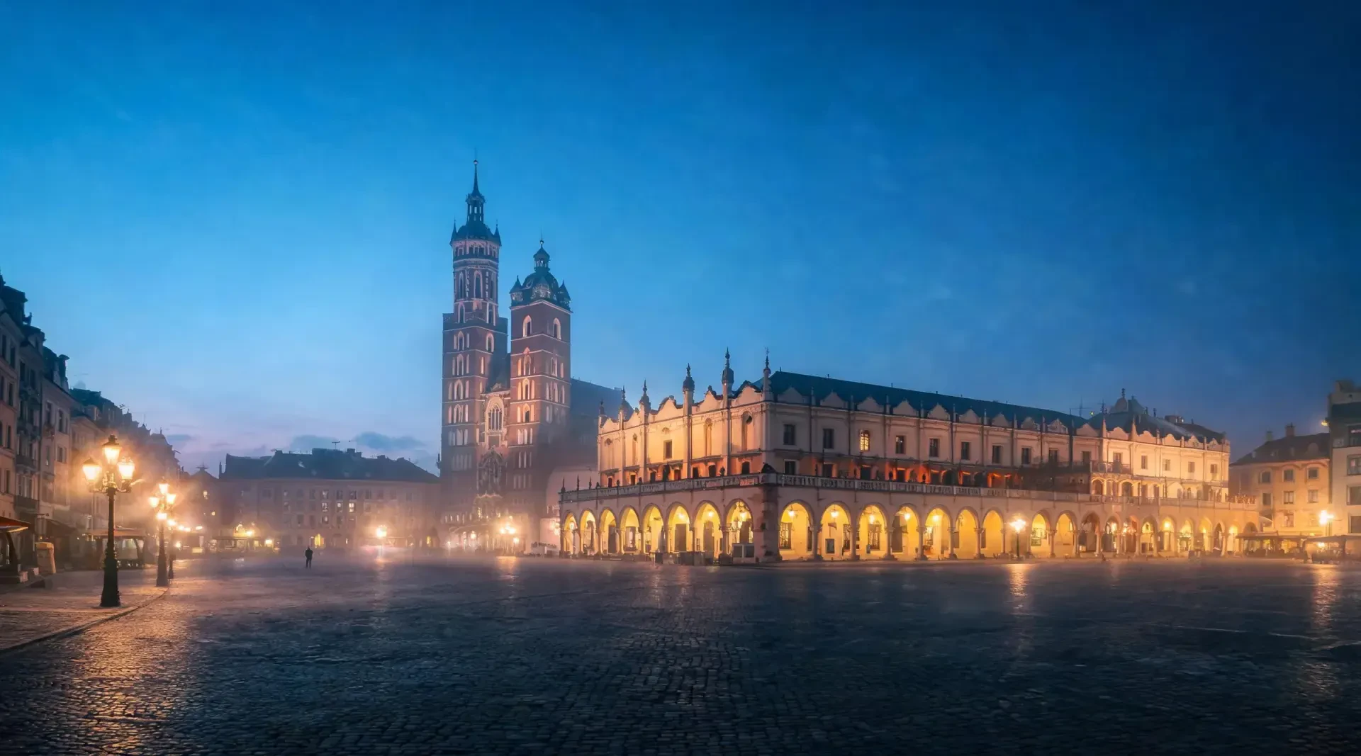 Rynek Główny w Krakowie o niebieskiej godzinie